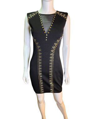 Vintage 1990s Cache Black Gold Studded Sheath Mini Dress Bodycon Size 2 NWT